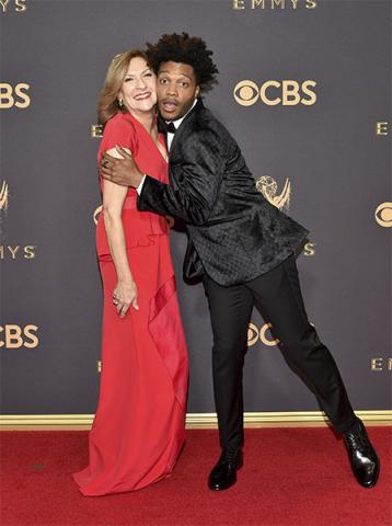 Lesli Linka Glatter and Jermaine Fowler on the red carpet at the 2017 Primetime Emmys. 
