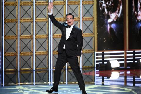 Host Stephen Colbert on stage at the 2017 Primetime Emmys.