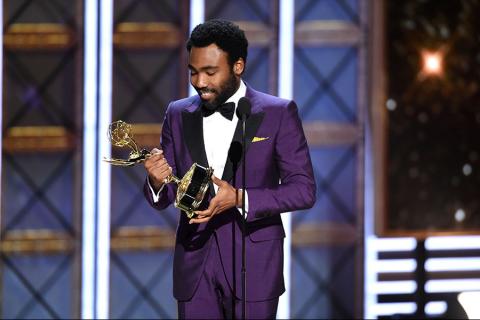 Donald Glover accepts an award at the 2017 Primetime Emmys.
