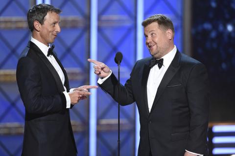 Seth Meyers and James Corden on stage at the 2017 Primetime Emmys.