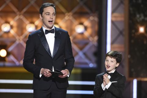 Jim Parsons and Iain Armitage on stage at the 2017 Primetime Emmys.
