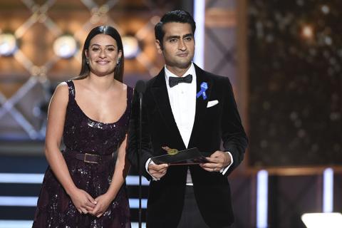 Lea Michele and Kumail Nanjiani on stage at the 2017 Primetime Emmys.