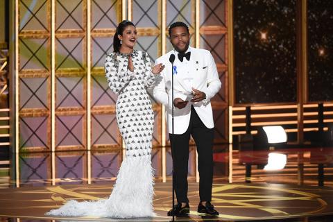Priyanka Chopra and Anthony Anderson at the 69th Primetime Emmy Awards