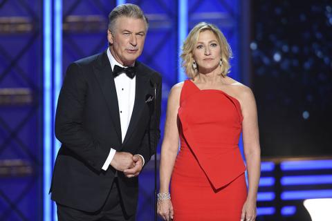Alec Baldwin and Edie Falco on stage at the 2017 Primetime Emmys.