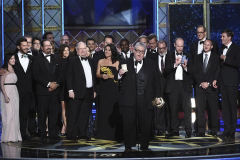 The Veep team accepts an award at the 2017 Primetime Emmys.