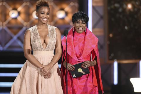 Anika Noni Rose and Cicely Tyson present an award at the 2017 Primetime Emmys.