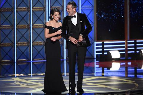 Tatiana Maslany and Jeffrey Dean Morgan present an award at the 69th Primetime Emmy Awards