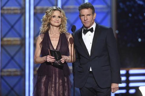 Kyra Sedgwick and Dennis Quaid present an award at the 2017 Primetime Emmys.