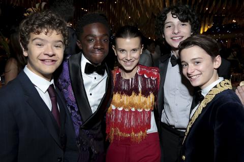 Gaten Matarazzo, from left, Caleb McLaughlin, Millie Bobby Brown, Finn Wolfhard and Noah Schnapp at the 69th Emmys Governors Ball. 