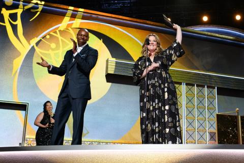 Dave Chappelle and Melissa McCarthy on stage at the 69th Emmy Awards. 