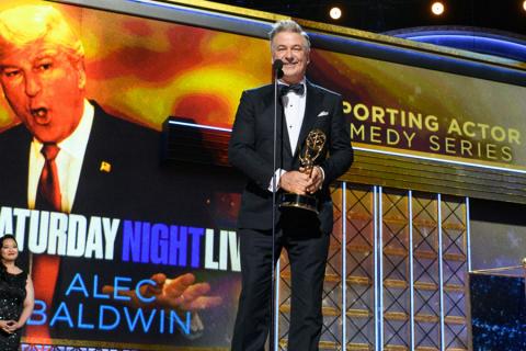 Alec Baldwin accepts his award at the 69th Primetime Emmys