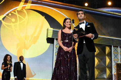 Lea Michele and Kumail Nanjiani present an award at the 69th Primetime Emmys. 