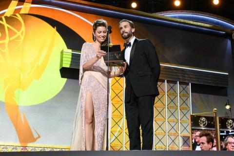 Jessica Biel and Joseph Fiennes present an award at the 69th Primetime Emmys. 