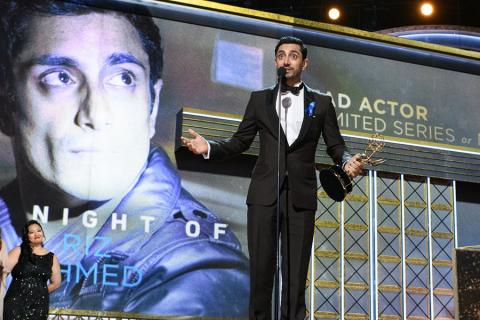 Riz Ahmed accepts his award at the 69th Primetime Emmys