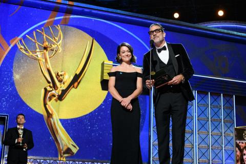 Tatiana Maslany and Jeffrey Dean Morgan present an award at the 69th Primetime Emmys. 