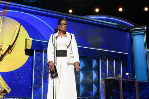 Oprah Winfrey presents an award at the 69th Primetime Emmys