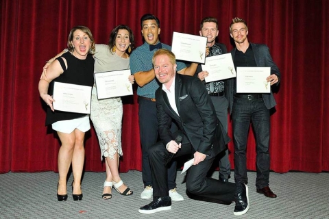 Jesse Tyler Ferguson (front) with choreography nominees (l-r): Mandy Moore, Tabitha D'Umo, Napoleon D'Umo, Travis Wall and Derek Hough at the Choreographers Nominee Reception in North Hollywood, California.