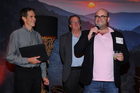 Chip Johannessen, Pete Hammond and Charlie Sanders at the Writers Nominee Reception in North Hollywood, California.