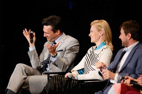 Jon Hamm, January Jones, and Vincent Kartheiser onstage at "A Farewell to Mad Men," May 17, 2015 at the Montalbán Theater in Hollywood, California.