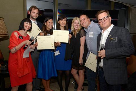 Television Academy governors Lynda Kahn and Eric Anderson present certificates to the Masters of Sex team at the Motion and Title Design Nominee Reception in West Hollywood, California.