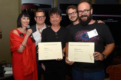 Television Academy governors Lynda Kahn and Eric Anderson present certificates to the Silicon Valley team at the Motion and Title Design Nominee Reception in West Hollywood, California.