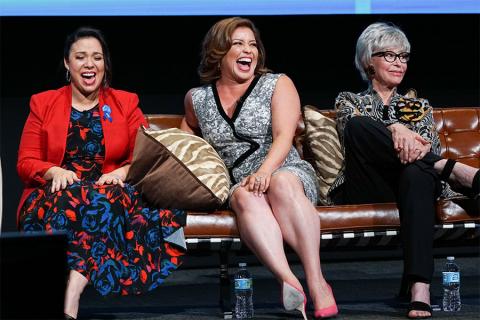 Gloria Calderon Kellett, Justina Machado, and Rita Moreno onstage at The Power of TV: A Conversation with Norman Lear and One Day at a Time, presented by the Television Academy Foundation and Netflix in celebration of the Foundation's 20th Anniversary of 