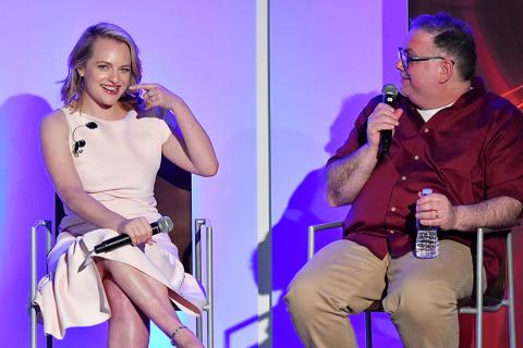 Elisabeth Moss and Bruce Miller at The Handmaid's Tale: From Script to Screen at the Wolf Theatre at the Saban Media Center in North Hollywood, California.