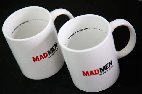Gift mugs for attendees at "A Farewell to Mad Men," May 17, 2015 at the Montalbán Theater in Hollywood, California.