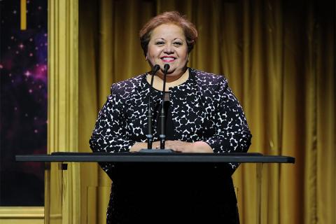 Norma Provencio Pichardo, Executive Director of the Television Academy Foundation addresses the audience at the 36th College Television Awards at the Skirball Cultural Center in Los Angeles, California, April 23, 2015.