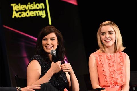 Jessica Paré and Kiernan Shipka onstage at "A Farewell to Mad Men," May 17, 2015 at the Montalbán Theater in Hollywood, California.