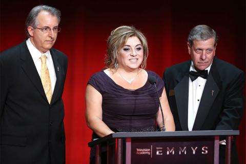 L. A. Area governors Paul Button and Beatriz Gomez and Vice Chair, L.A. Area, Academy Executive Committee Mitch Waldow at the L.A. Area Emmy Awards presented at the Television Academy's Wolf Theatre at the Saban Media Center on Saturday, July 22, 2017, in