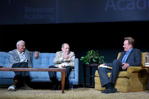 Peter Bonerz, Bob Newhart, and Conan O'Brien at The Rise of the Cerebral Comedy: A Conversation with Bob Newhart, presented Tuesday, Aug. 8, 2017, at the Television Academy's Wolf Theater at the Saban Media Center in North Hollywood, California. 