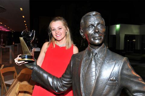 Erika Orstad and friend celebrate her win at the 38th College Television Awards presented by the Television Academy Foundation at the Saban Media Center on Wednesday, May 24, 2017, in the NoHo Arts District in Los Angeles. 