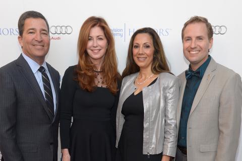 Television Academy chairman and CEO Bruce Rosenblum, host Dana Delaney, Honors chair Lucia Gervino, and Television Academy president and COO Maury McIntyre arrive at the Eighth Annual Television Academy Honors, May 27 at the Montage Beverly Hills.