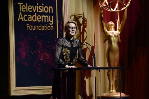 Sarah Paulson presents an award at the 36th College Television Awards at the Skirball Cultural Center in Los Angeles, California, April 23, 2015.