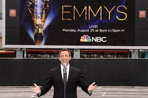 66th Emmys host Seth Meyers at this year's Emmy Awards Red Carpet Rollout ceremony at the Nokia Theatre LA LIVE.