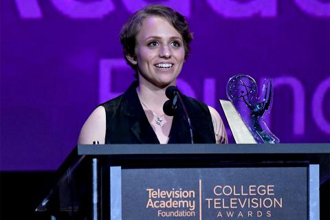 Becky Proiman accepts an award on stage at the 38th College Television Awards presented by the Television Academy Foundation at the Saban Media Center on Wednesday, May 24, 2017, in the NoHo Arts District in Los Angeles. 