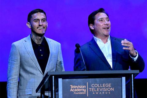 Richard Cabral and Benito Martinez present an award on stage at the 38th College Television Awards presented by the Television Academy Foundation at the Saban Media Center on Wednesday, May 24, 2017, in the NoHo Arts District in Los Angeles. 