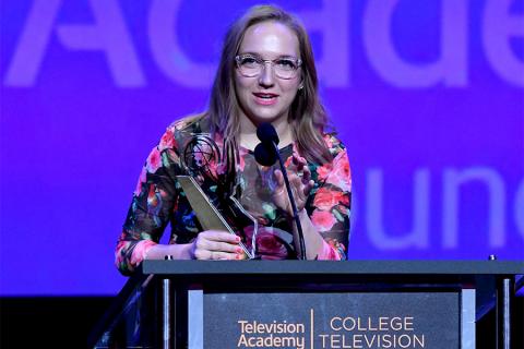 Daisygreen Stenhouse accepts an award on stage at the 38th College Television Awards presented by the Television Academy Foundation at the Saban Media Center on Wednesday, May 24, 2017, in the NoHo Arts District in Los Angeles. 