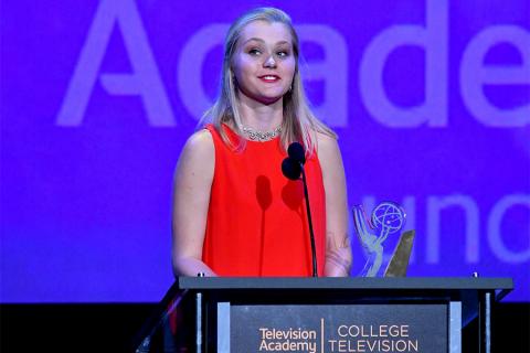 Erika Olsted accepts an award on stage at the 38th College Television Awards presented by the Television Academy Foundation at the Saban Media Center on Wednesday, May 24, 2017, in the NoHo Arts District in Los Angeles. 