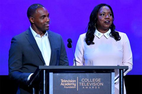 Jason George and Wendy Calhoun present an award on stage at the 38th College Television Awards presented by the Television Academy Foundation at the Saban Media Center on Wednesday, May 24, 2017, in the NoHo Arts District in Los Angeles. 