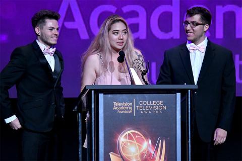 John McDonald, Echo Wu, and Kal Athannassov accept an award on stage at the 38th College Television Awards presented by the Television Academy Foundation at the Saban Media Center on Wednesday, May 24, 2017, in the NoHo Arts District in Los Angeles. 