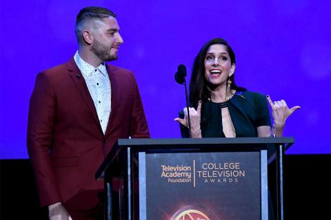 Josh Feldman and Shoshannah Stern on stage at the 38th College Television Awards presented by the Television Academy Foundation at the Saban Media Center on Wednesday, May 24, 2017, in the NoHo Arts District in Los Angeles. 