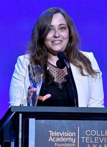 Marta Savina accepts an award on stage at the 38th College Television Awards presented by the Television Academy Foundation at the Saban Media Center on Wednesday, May 24, 2017, in the NoHo Arts District in Los Angeles. 