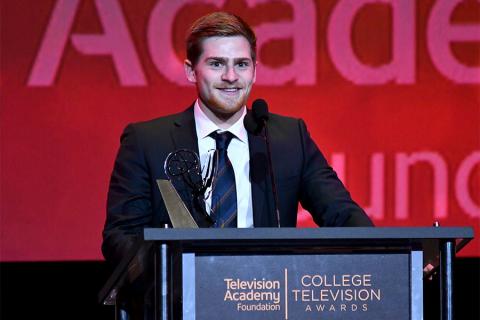Noah Rashba accepts an award on stage at the 38th College Television Awards presented by the Television Academy Foundation at the Saban Media Center on Wednesday, May 24, 2017, in the NoHo Arts District in Los Angeles. 