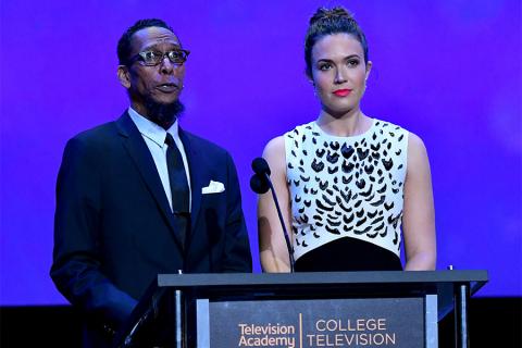 Ron Cephas Jones and Mandy Moore present an award on stage at the 38th College Television Awards presented by the Television Academy Foundation at the Saban Media Center on Wednesday, May 24, 2017, in the NoHo Arts District in Los Angeles. 