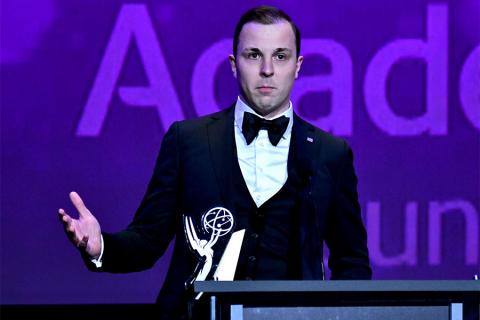 Trevor Smith accepts his award on stage at the 38th College Television Awards presented by the Television Academy Foundation at the Saban Media Center on Wednesday, May 24, 2017, in the NoHo Arts District in Los Angeles. 