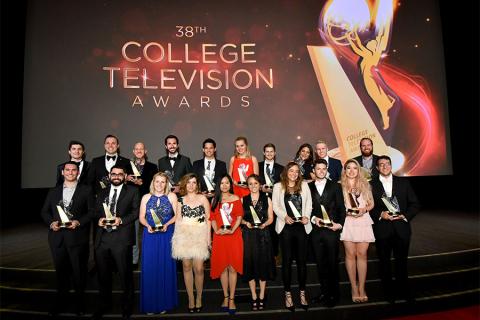 CTA winners pose with their awards on stage at the 38th College Television Awards presented by the Television Academy Foundation at the Saban Media Center on Wednesday, May 24, 2017, in the NoHo Arts District in Los Angeles. 
