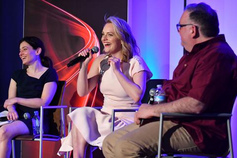 Beatrice Springborn, Elisabeth Moss, and Bruce Miller at The Handmaid's Tale: From Script to Screen at the Wolf Theatre at the Saban Media Center in North Hollywood, California.