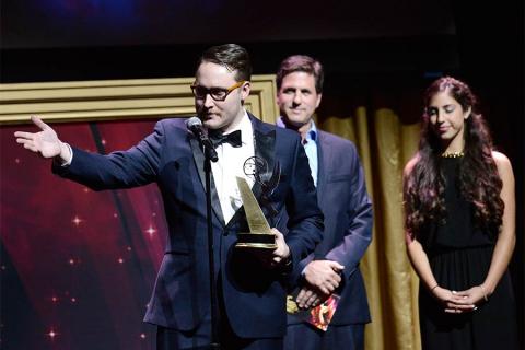 Trevor Worley accepts an award at the 36th College Television Awards at the Skirball Cultural Center in Los Angeles, California, April 23, 2015.